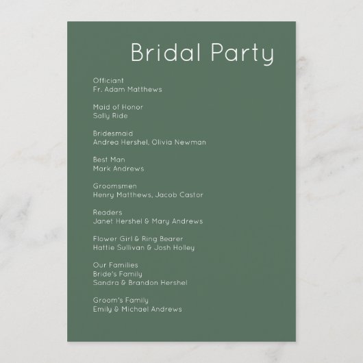 Programme Moderne Retro Blanc & Olive Green Mariage (Dos)