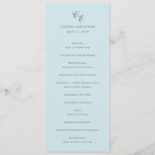 Programme Monogramme bleu Poudre classique Mariage élégant (Devant)