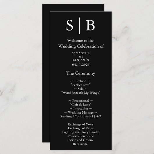 Programme Monogramme classique Mariage noir et blanc (Devant / Derrière)