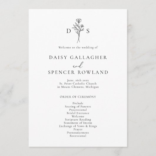 Programme Monogramme floral noir et blanc simple Mariage lar (Devant)
