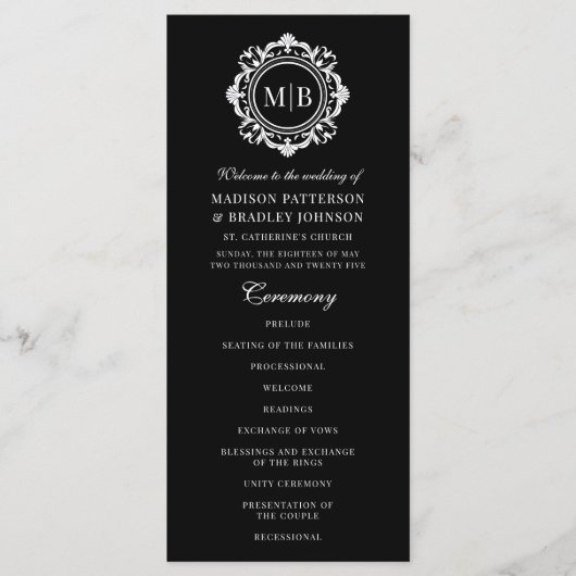 Programme Monogramme Floral Orné Mariage Élégant noir blanc (Devant)
