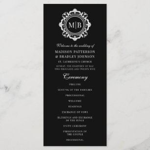 Programme Monogramme Floral Orné Mariage Élégant noir blanc