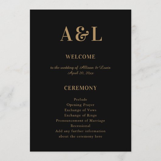 Programme Monogramme mariage minimaliste Black Gold (Devant)