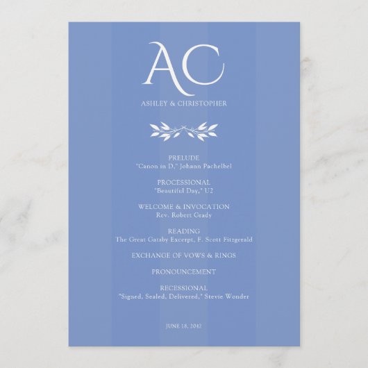 Programme Monogramme minimal Mariage bleu de Cornflower rayé (Devant)