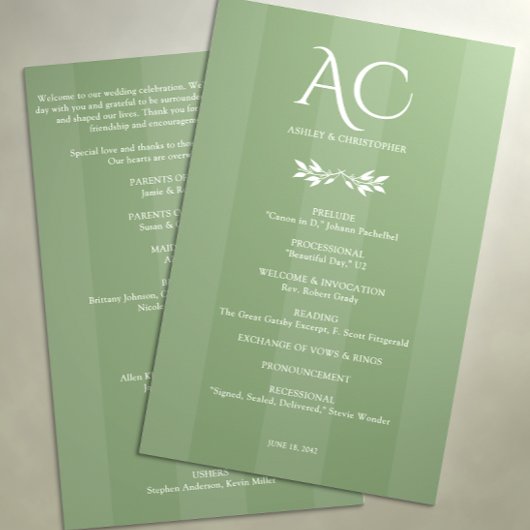 Programme Monogramme minimaliste Mariage vert rayé