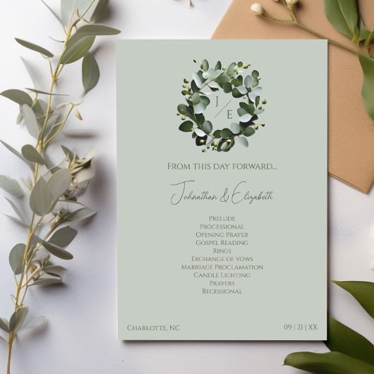 Programme Monogramme moderne Eucalyptus Mariage de couronne