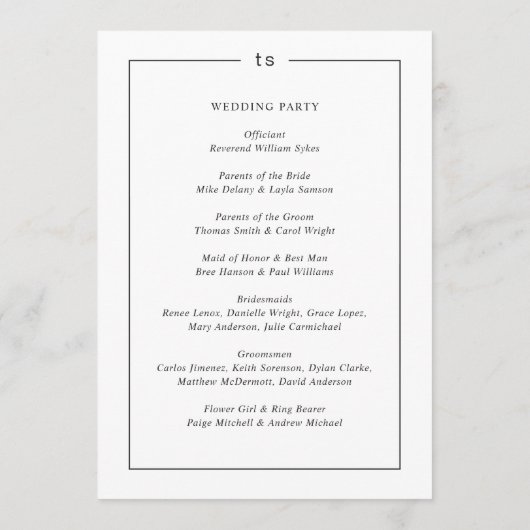 Programme Monogramme noir et blanc intemporel Mariage modern (Dos)