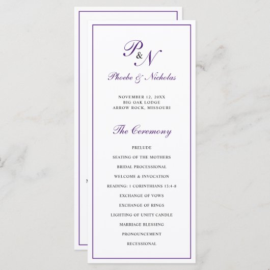 Programme Monogramme Purple Mariage formel élégant (Devant / Derrière)