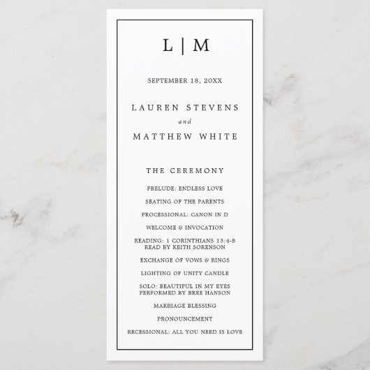 Programme Monogramme simple noir et blanc pour un mariage él (Devant)