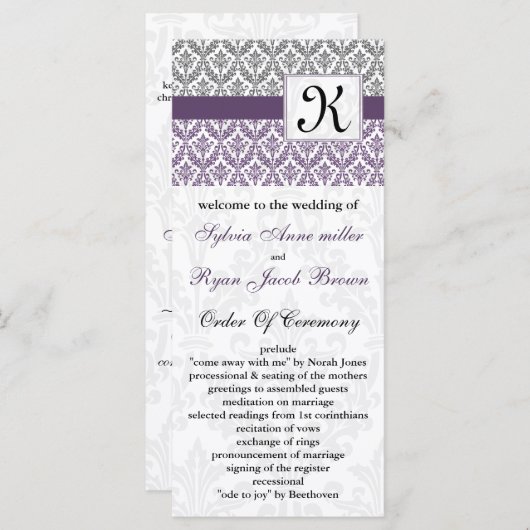 programme monogramme violet mariage damassé (Devant / Derrière)