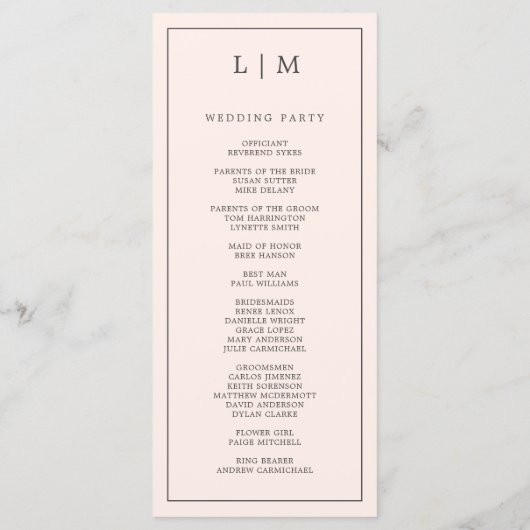 Programme Monographie rose pâle simple Mariage élégant (Dos)