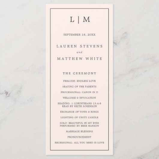 Programme Monographie rose pâle simple Mariage élégant (Devant)