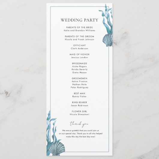 Programme Nautical Coastal Blue Sea Shell Beach Wedding (Dos)