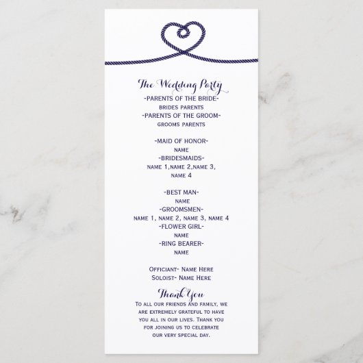 Programme Nautical Tying Knot Heart Wedding (Dos)