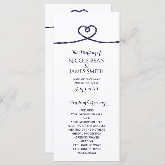 Programme Nautical Tying Knot Heart Wedding (Devant / Derrière)