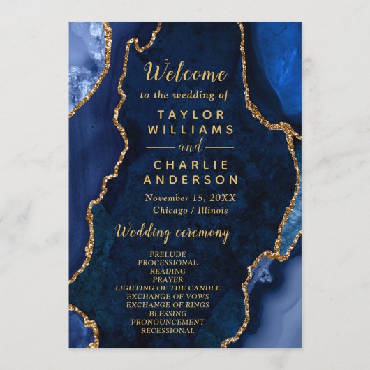 Programme Navy Blue and Gold Agate Wedding Program (Devant)