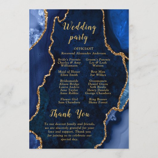 Programme Navy Blue and Gold Agate Wedding Program (Dos)