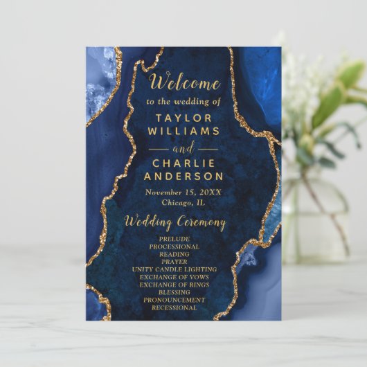 Programme Navy Blue and Gold Agate Wedding Program (Debout devant)