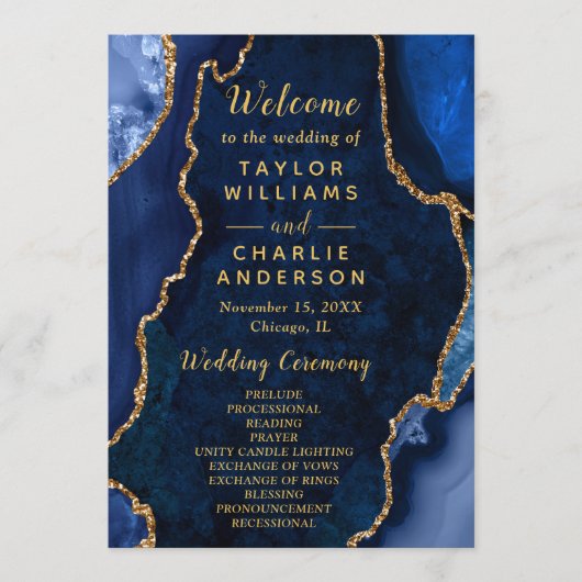 Programme Navy Blue and Gold Agate Wedding Program (Devant)