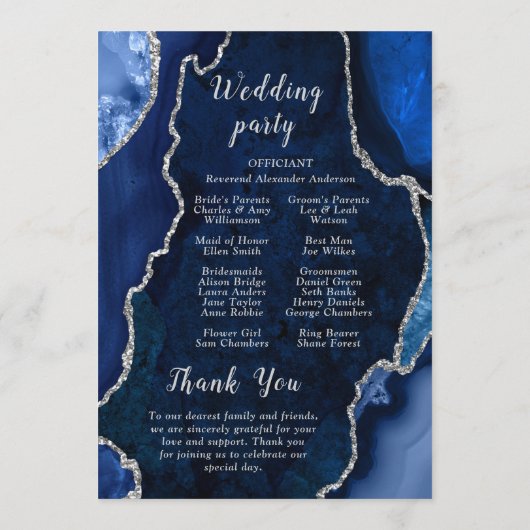Programme Navy Blue and Silver Agate Wedding Program (Dos)