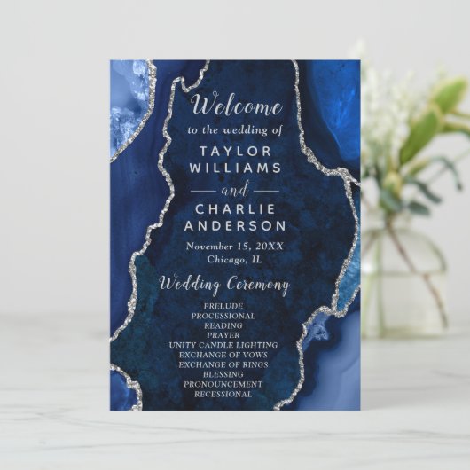 Programme Navy Blue and Silver Agate Wedding Program (Debout devant)