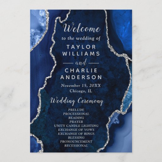 Programme Navy Blue and Silver Agate Wedding Program (Devant)