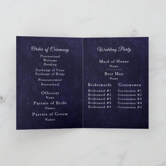 Programme Navy Blue Velvet White Folded Wedding Program (Intérieur)