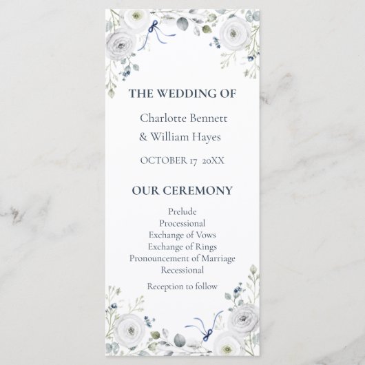 Programme Navy Silver Watercolor Floral Wedding Program (Devant)
