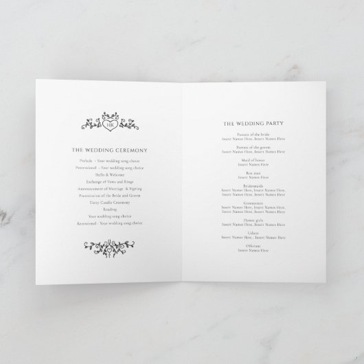 Programme Noir blanc coeur et feuille monogramme art mariage (Intérieur)