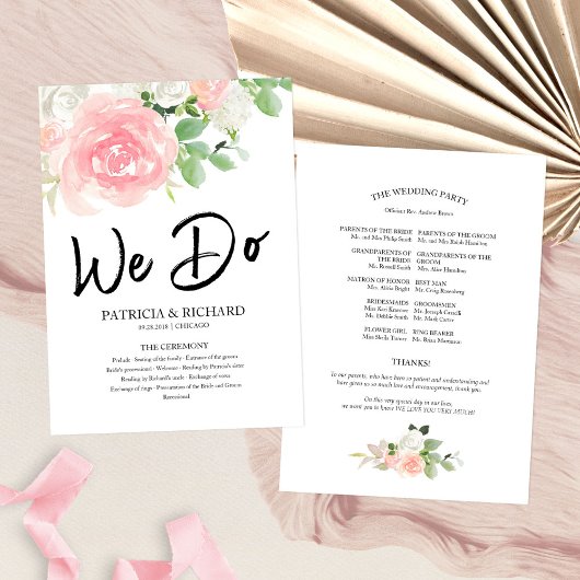 Programme Nous faisons Pink Blush Rose Floral Wedding Progra