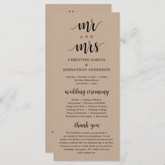 Programme Nouveau M. et Mme, Cérémonie Mariage moderne, Kraf (Devant / Derrière)