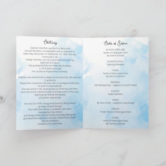 Programme Nuages Funérailles nécrologie Ordre de service (Intérieur)