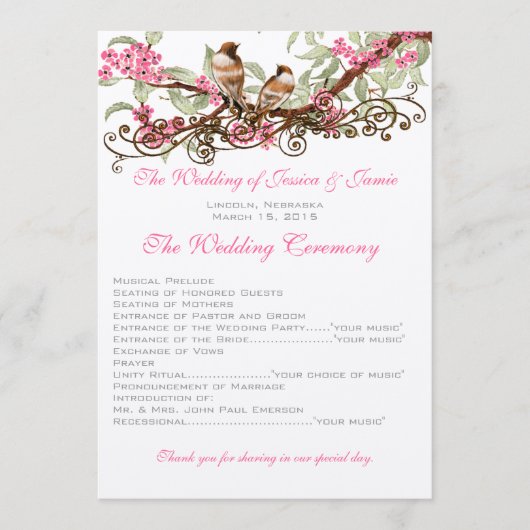Programme Oiseaux de l'amour vintage Fleurs roses Mariage (Devant)