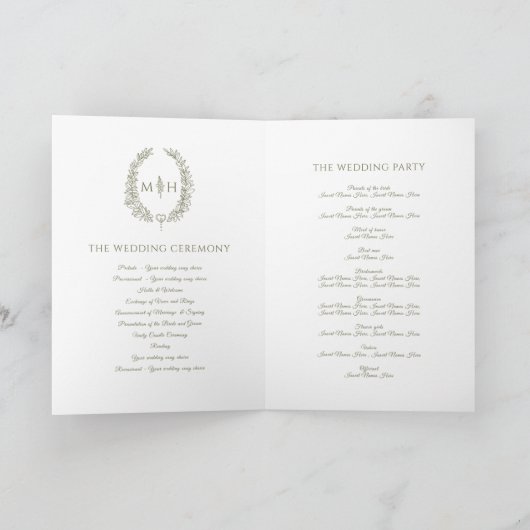 Programme Olive vert blanc feuille ovale monogramme art mari (Intérieur)