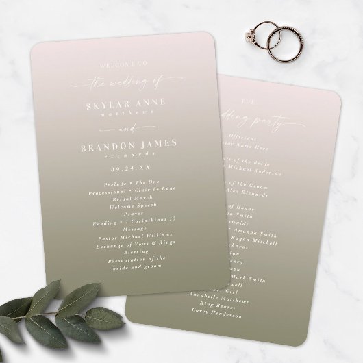Programme Ombre Blush Pink & Green Mariage Ceremony Programm