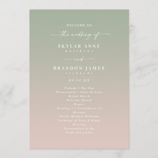 Programme Ombre Green & Light Pink Mariage Ceremony Programm (Devant)