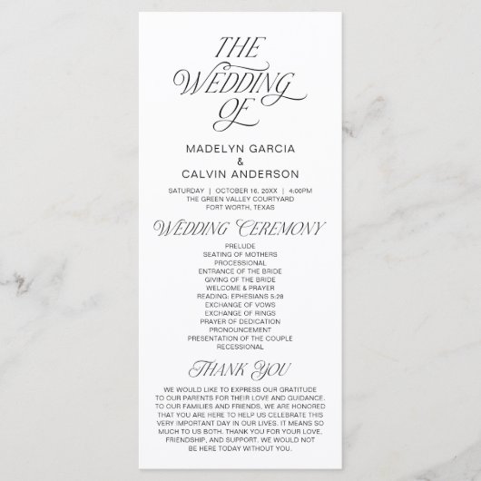 Programme Ordre de cérémonie de mariage moderne et classe (Devant)