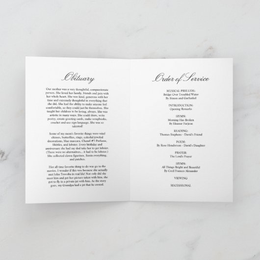 Programme Ordre des funérailles | Floral Memorial Program (Intérieur)