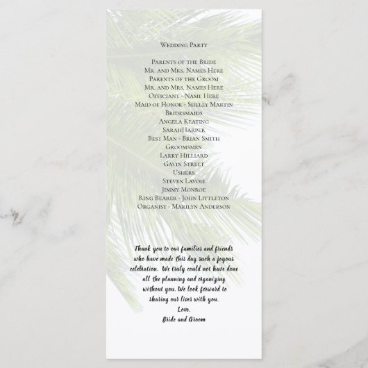 Programme Palm Feuille - Cérémonie de Mariage grand programm (Dos)
