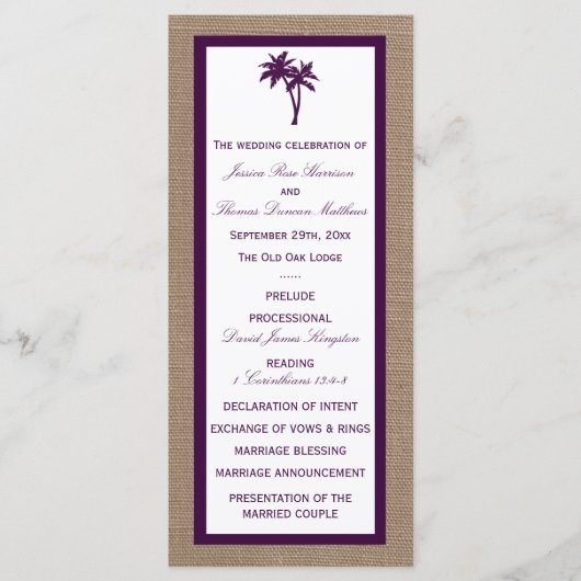 Programme Palm Tree Burlap Beach Wedding | Choisissez votre  (Devant)