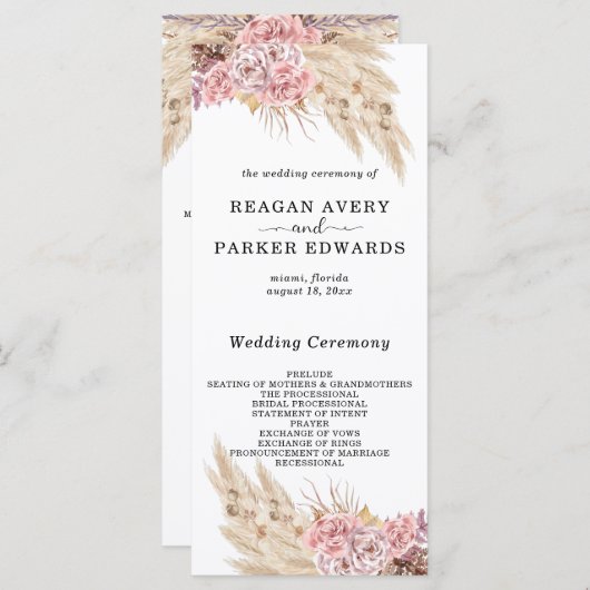 Programme Pampas Grass séché Floral Rose violet Mariage  (Devant / Derrière)