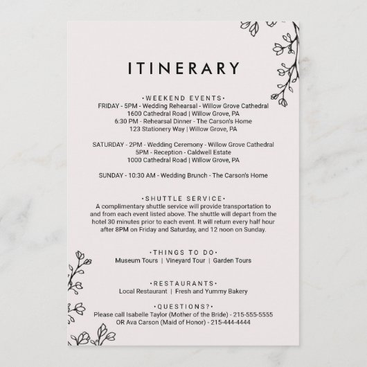 Programme Papier de bienvenue en typographie florale & Itiné (Dos)