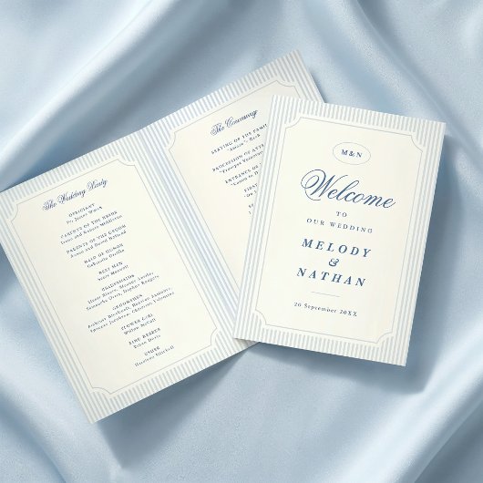 Programme Papier Plié Mariage Rayures Bleu Clair Classique
