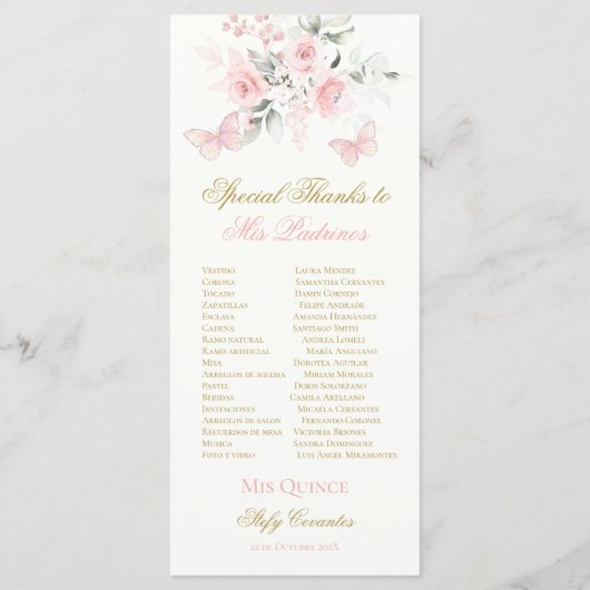 Programme Papillon rose Quinceañera (Dos)
