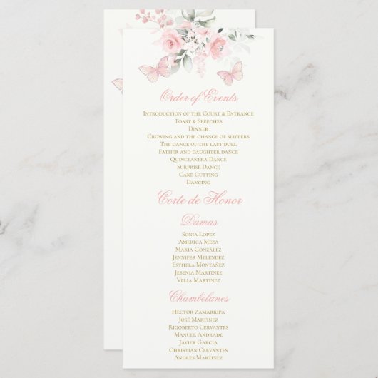 Programme Papillon rose Quinceañera (Devant / Derrière)
