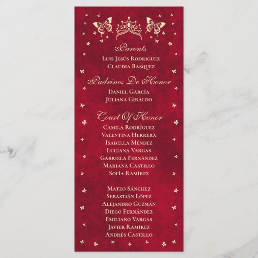 Programme Papillon Tiara en or Quinceañera rouge 15 ans (Dos)