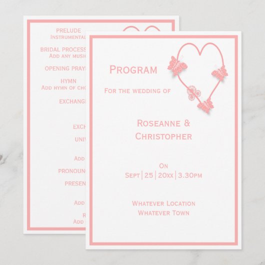 Programme Papillons de couleur rose Mariage de conception ca (Devant / Derrière)