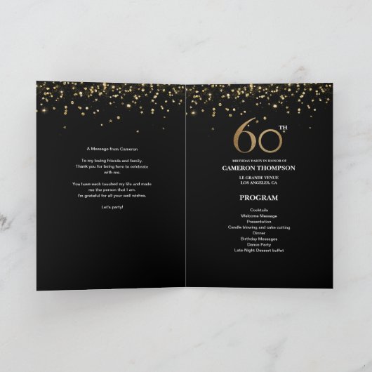 Programme Parties scintillant d'or Noir confetti 60e anniver (Intérieur)