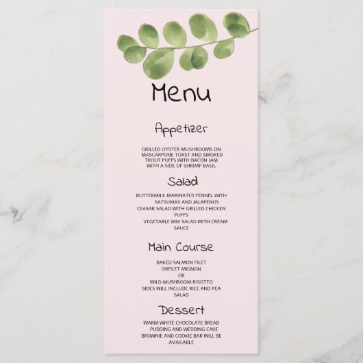 Programme Pastel rose menthe or eucalyptus feuille Mariage M (Devant)