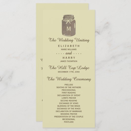 Programme Pays Burlap Mason Jar Mariage (Devant / Derrière)